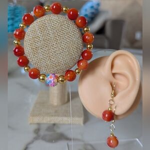 Red and Gold Beaded Bracelet and Earring Set (6.75")